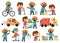 Ecological vector set with children. Cute eco friendly kids collection. Boys and girls saving water, energy, seeding plants,