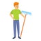 Ecologist boy with rake icon, cartoon style