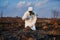 Ecologist examining soil in field after fire.