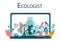 Ecologist online resource on web device. Set of scientist taking care