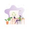 Ecology business concept. Vector flat people llustration. Female sitting at table and laptop on document background with recycle