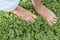 Ecology concept bare foot on clover meadow