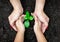 Ecology concept child and adult hands holding plant a tree sapling with on ground world environment day