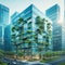 Ecology Concept : Eco-friendly building in the modern city. Sustainable glass office building with tree for reducing carbon