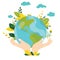 Ecology concept. Globe with plants and trees in human hands. Protect nature and ecology banner. Earth day. Vector