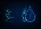 Ecology concept with glowing low polygonal water drop, green leaves.