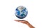 Ecology Concept : Planet earth globe floating over woman`s hand isolated on white background.