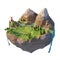 Ecology concept renewable green energy in 3d low poly style. Floating island wind turbine. Mountain with river and trees. 3d