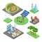 Ecology isometric concept with green technologies, nature revival, water and air pollution vector illustration