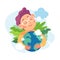 Ecology with Little Boy Character Tender Embrace Planet Earth Enjoy Sustainable Lifestyle Vector Illustration