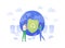 Ecology planet protection concept. Vector flat people llustration. Family couple holding green recycle sign shield on earth globe