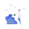 Ecology science protection concept. Vector flat people llustration. Female scientist holding water can over plant with recycle