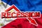 Economic crisis in Philippines. Flag of the Philippines, red arrow down and the inscription Recession. Slowdown and decline of the