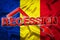 Economic crisis in Romania. Flag of the Romania, red arrow down and the inscription Recession. Slowdown and decline of the economy