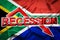 Economic crisis in South Africa. Flag of the South Africa, red arrow down and the inscription Recession. Slowdown and decline of