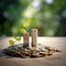 Economic environment concept, a stack of gleaming coins rests gracefully on a table adorned with lush green leaves.