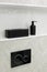 Economic toilet black flush press with two separate buttons for flushing toilet. Shelf with black bathroom accessories