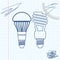 Economical LED illuminated lightbulb and fluorescent light bulb line sketch icon isolated on white background. Save