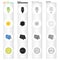 Economical light bulb, solar battery, sun, bio label. Ecology set collection icons in cartoon black monochrome outline