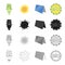 Economical light bulb, solar battery, sun, bio label. Ecology set collection icons in cartoon black monochrome outline