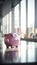 Economy savings concept. Cute pink piggy bank standing in a moody light