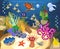 Ecosystem of coral reef with different marine inhabitants