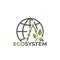 Ecosystem icon. eco friendly, ecology and environment symbol. fir tree, plant sprout and globe