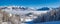 The Ecrins National Park mountains in the distance with Laye winter ski resort in Champsaur covered in fresh snow. Alps, France