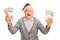 Ecstatic senior with Santa hat holding money