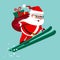 ector cartoon illustration of Santa Claus ski jumping with backpack full of gift boxes on his back. Winter outdoor sport