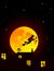 Ector illustration: Fairy tale Halloween landscape with realistic full yellow orange moon, village landscape silhouettes with ca
