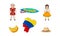 Ecuador Attributes with Banana Bunch and People Wearing National Clothing Vector Set