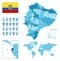 Ecuador detailed administrative blue map with country flag and location on the world map.