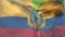 Ecuador flag waving against caucasian female surgeon wearing face mask at hospital