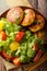 Ecuadorian potato pancakes llapingachos and fresh salad close-up on a plate. Vertical top view