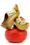 Edam cheese wheel with nostalgic Dutch souvenir clogs