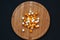 Edam and mimolette cheese on a round bamboo board on dark background, top view.