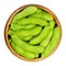 Edamame, green soybeans in the pod, in wooden bowl