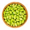 Edamame. Green soybeans in wooden bowl