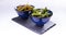 Edamame of Japanese steamed soyal beans in blue chinese bowl on