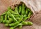 Edamame or soybeans spill out of the bag onto a brown sackcloth