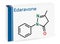 Edaravone molecule. Skeletal chemical formula. Paper packaging for drugs