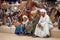 Edfu, Egypt - Jan 2019:  People of Egypt, old Egyptians waiting to transport tourists in carriages at Edfou Temple, Behdet