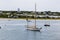 Edgartown harbor with boats on Martha`s Vineyard