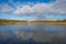 Edge of a canal in a green grassy landscape in wetland in sunlight under a blue sky in winter