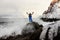 On the edge of earth, north of Russia, Arctic Ocean shore. Contrast of nature and man. Beautiful snowy view of sea shore with