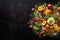 Edible artwork, chef\\\'s healthy salad on a chalk blackboard canvas copy space