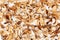 Edible dried mushrooms pile on white background close up, dry boletus edulis heap, chopped brown cap boletus, sliced penny bun