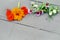 Edible flowers on a grey table. food knolling