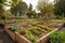 edible landscape with flourishing garden, including fruit trees and vegetable plants